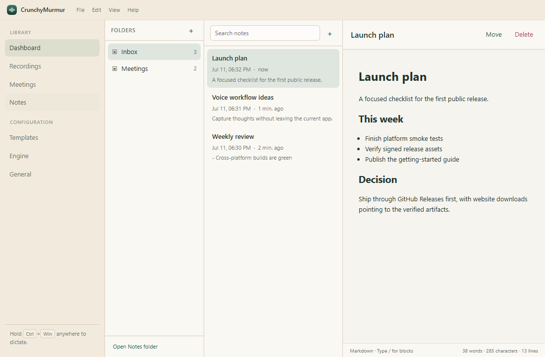 CrunchyMurmurs anteckningsarbetsyta med mappar, anteckningslista och Markdown-redigerare